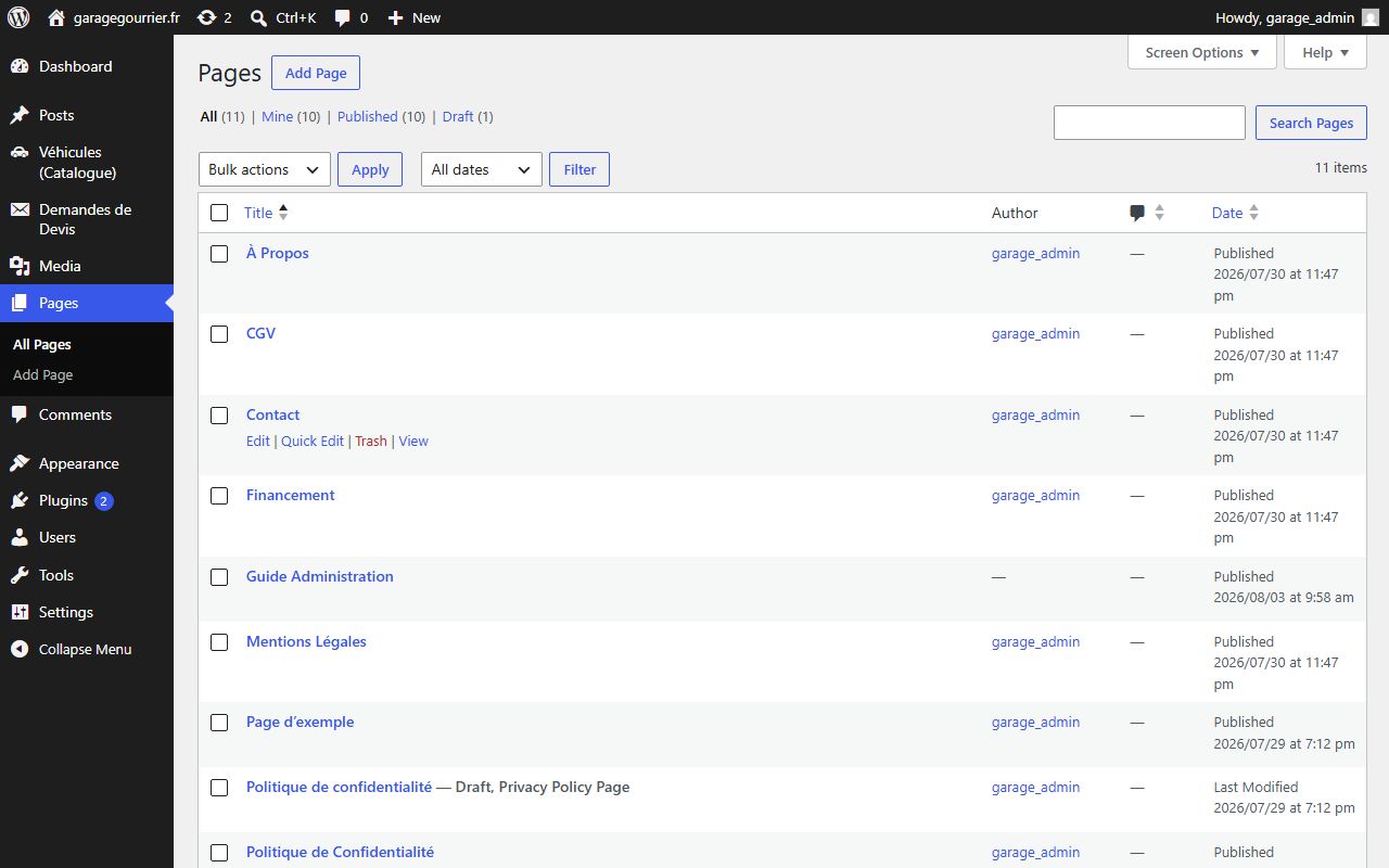 Liste des pages du site dans l'administration
